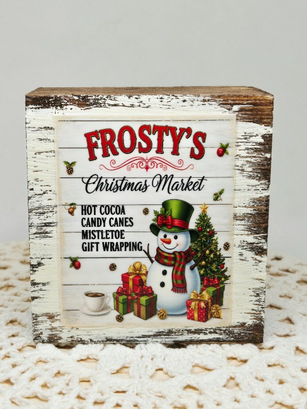 Handcrafted Christmas Shelf Sitter, Tiered Tray Decor Frosty's Christmas Market